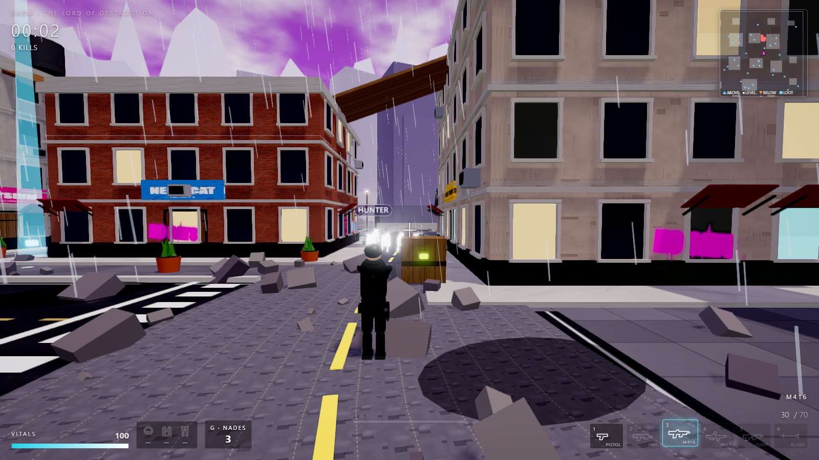 Third-person view down a rainy district street, M416 raised, the horde coming down the road