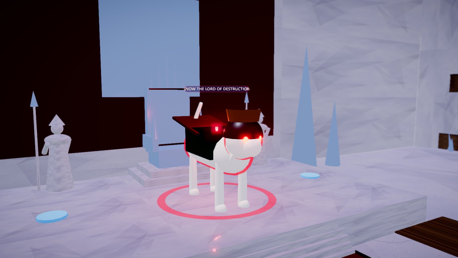 Snow, a large white cat with glowing red eyes, on an ice throne dais